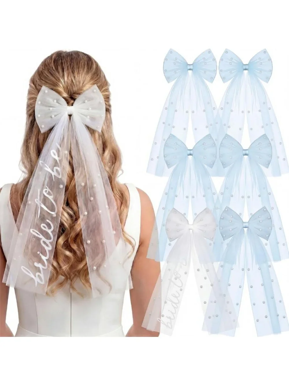 Bachelorette Party Favor Set - 6 Pcs Bride & Bridesmaid Veil, Pearl Hair Pins